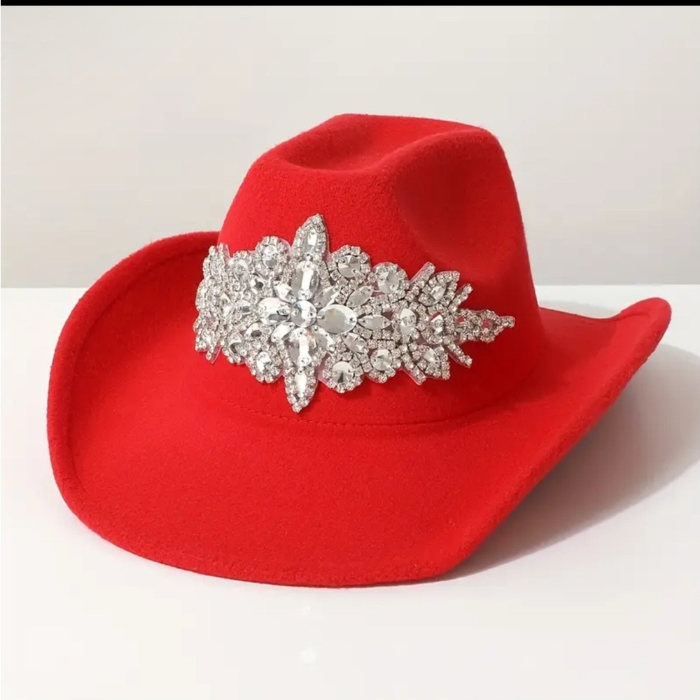 Vibrant Red Cowboy Hat with Silver Floral Embellishment